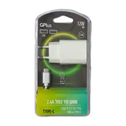 מטען קיר כפול שקע 2.4A USB כולל כבל TYPE-C- כ-1 מטר